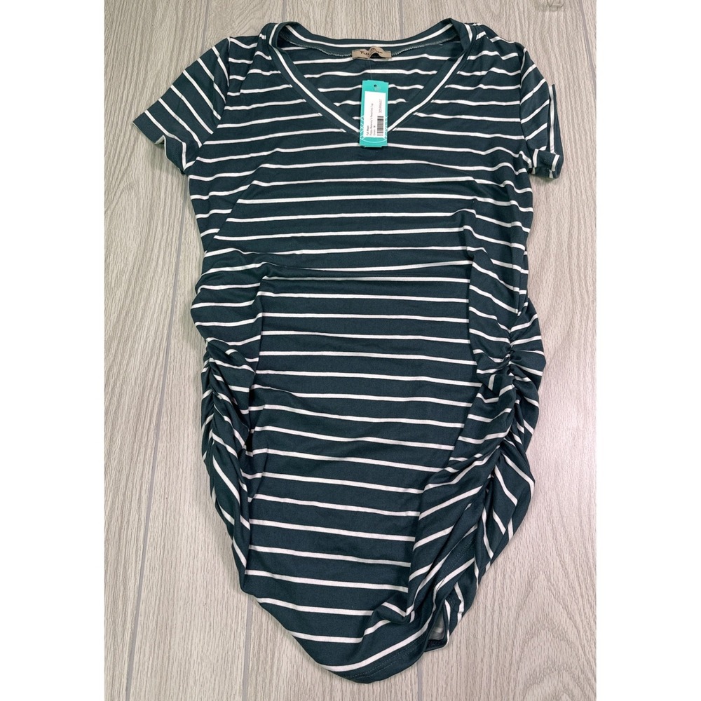 Full Moon Peppy Maternity V-Neck Knit Top Green Striped Ruched Side Size M NWT